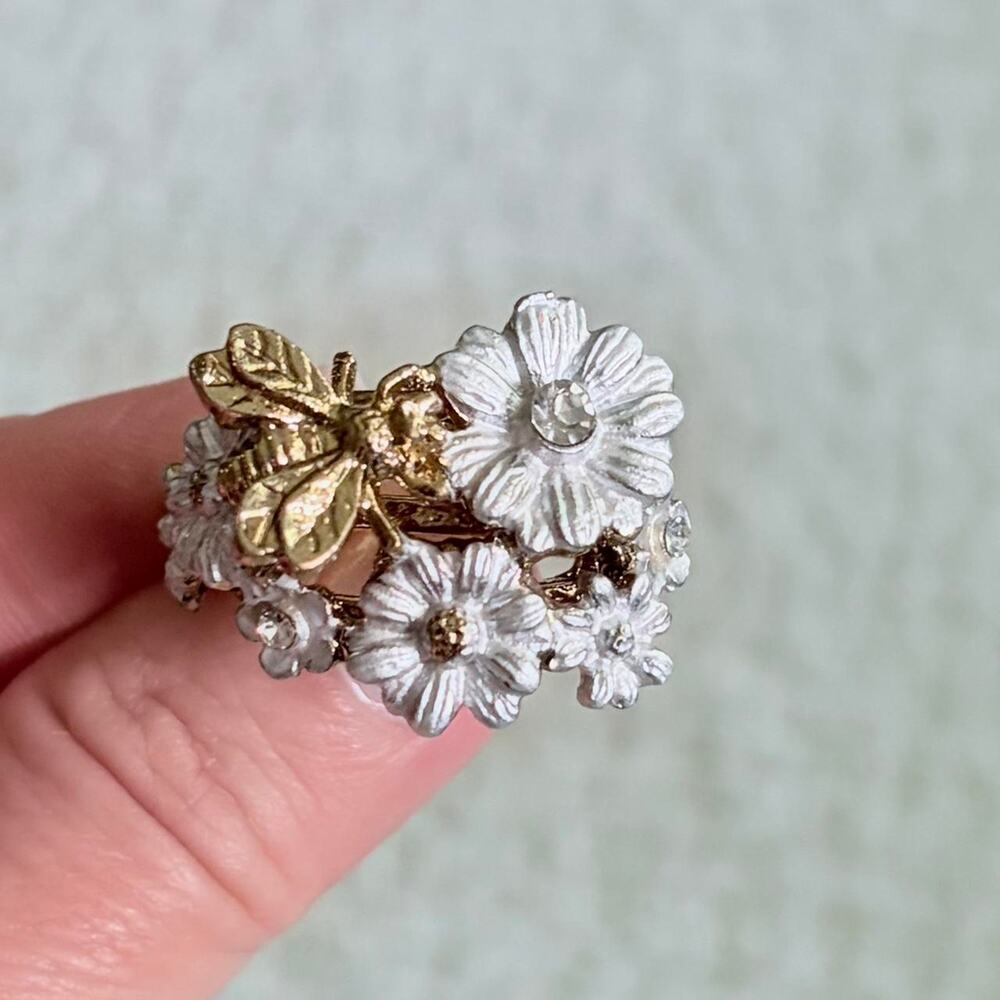 Silver &  Gold Bee and Flower Statement Ring
